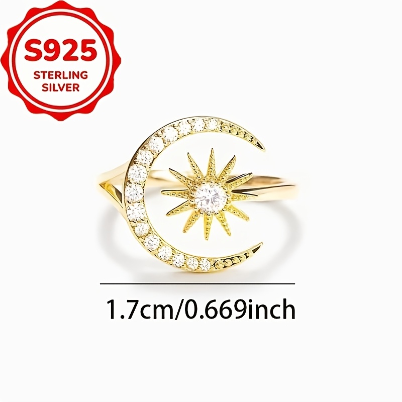 Women's Adjustable S925 Silver Moon Sun Crescent Open Ring